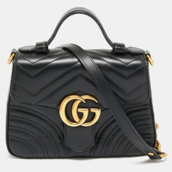 Pre Owned Gucci Black Matelassé Leather Mini GG Marmont Top Handle Bag