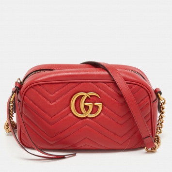 Pre Owned Gucci Red Matelassé Leather Small GG Marmont Camera Bag