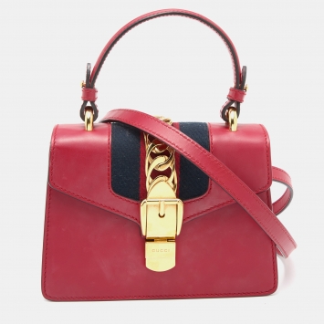 Pre Owned Gucci Red Leather Mini Web Sylvie Top Handle Bag