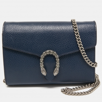 Pre Owned Gucci Navy Blue Leather Dionysus Wallet On Chain