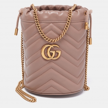 Pre Owned Gucci Beige Matelassé Leather Mini GG Marmont Torchon Bucket Bag      