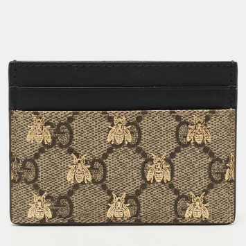 Pre Owned Gucci Beige/Black GG Supreme Canvas and Leather Bee Card Holder  