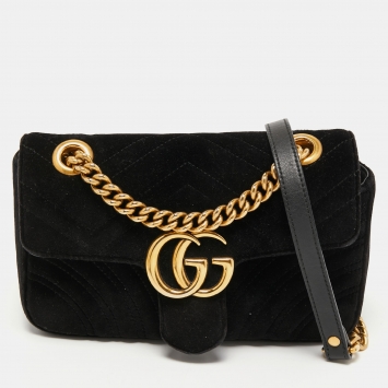 Pre Owned Gucci Black Matelasse Velvet Mini GG Marmont Shoulder Bag