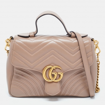 Pre Owned Gucci Beige Matelasse Leather Small GG Marmont Top Handle Bag