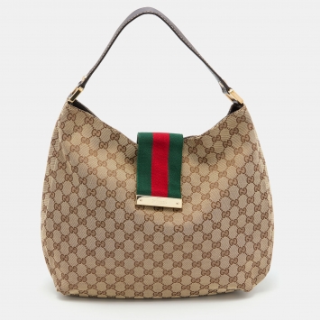 Pre Owned Gucci Beige/Brown GG Canvas and Leather New Ladies Web Hobo
