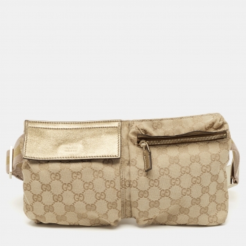 مملوكة مسبقًا Gucci Beige/Gold GG Canvas and Leather Double Pocket Belt Bag