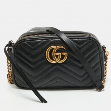Pre Owned Gucci Black Matelasse Leather Small GG Marmont Shoulder Bag