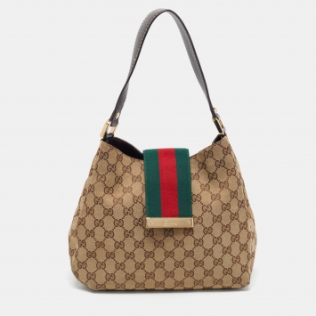 Pre Owned Gucci Beige/Brown GG Canvas and Leather Medium New Ladies Web Hobo