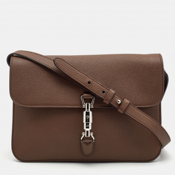 Pre Owned Gucci Brown Pebbled Leather Jackie Flap Shoulder Bag