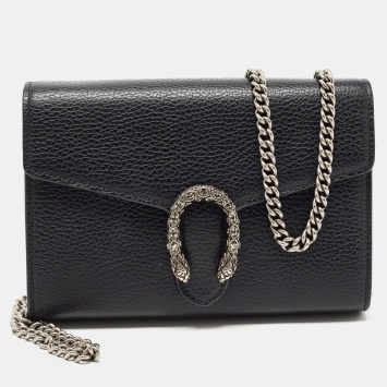 Pre Owned Gucci Black Leather Dionysus Wallet On Chain