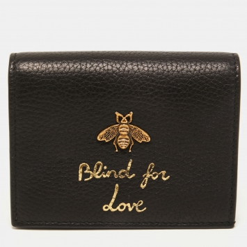 Pre Owned Gucci Black Leather Blind For Love Bee Card Case
