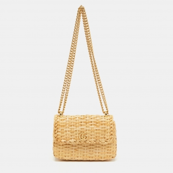 Pre Owned Gucci Beige Straw Wicker Cestino Shoulder Bag