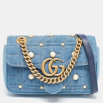 Pre Owned Gucci Blue Quilted Denim Mini GG Marmont Pearly Shoulder Bag