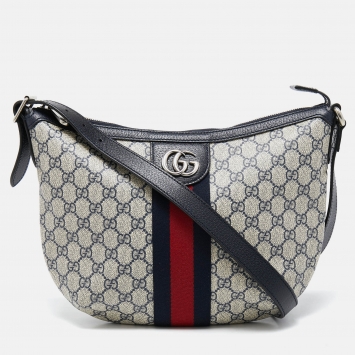 Pre Owned Gucci Navy Blue/White GG Supreme Canvas and Leather Small Ophidia Shoulder Bag