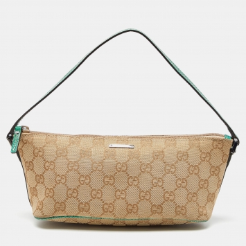 Pre Owned Gucci Beige/Green GG Canvas and Leather Pochette Bag