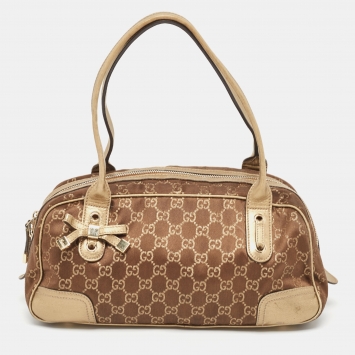 Pre Owned Gucci Gold/Brown GG Fabric and Leather Princy Boston Bag