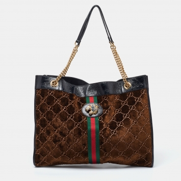 Pre Owned Gucci Brown/Black GG Velvet and Patent Leather Large Rajah Chain Tote