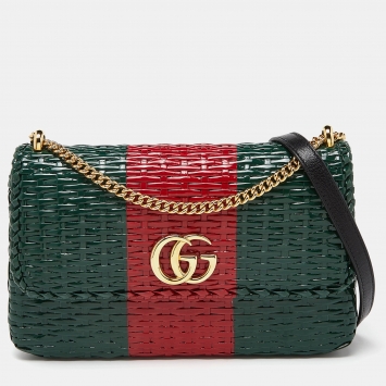 Pre Owned Gucci Green/Red Glazed Wicker Small Cestino Shoulder Bag