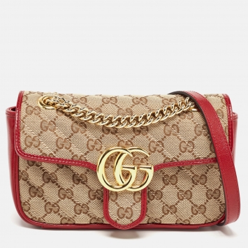 Pre Owned Gucci Beige/Red Diagonal Canvas and Leather Mini GG Marmont Bag