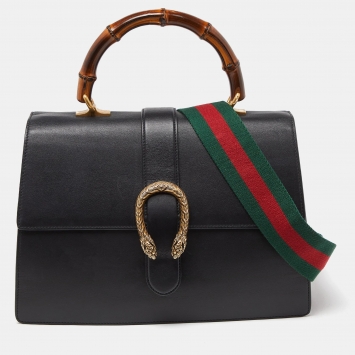 Pre Owned Gucci Black Leather Large Dionysus Bamboo Top Handle Bag