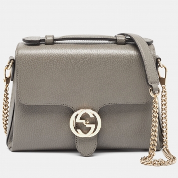 Pre Owned Gucci Grey Leather Dollar Interlocking G Top Handle Bag