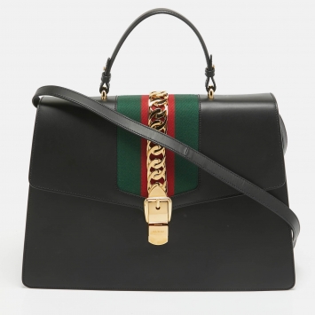 Pre Owned Gucci Black Leather Maxi Web Sylvie Top Handle Bag