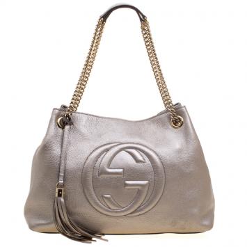 Pre Owned Gucci Metallic Grey Leather Medium Soho Tote