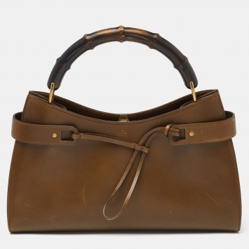Pre Owned Gucci Green Leather Vintage Bamboo Bag