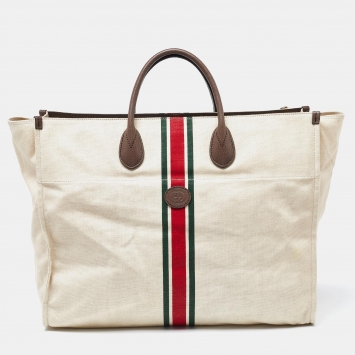 Pre Owned Gucci Beige/Brown Canvas and Leather Web Shopper Tote
