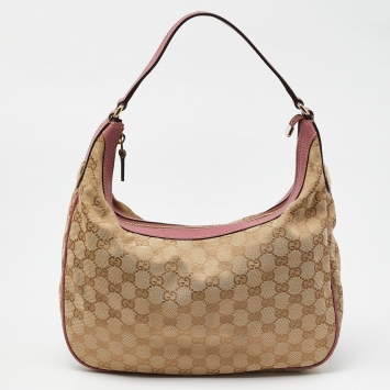 Pre Owned Gucci Beige/Pink GG Canvas and Leather Hobo
