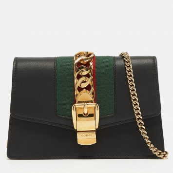 Pre Owned Gucci Black Leather Super Mini Sylvie Chain Shoulder Bag