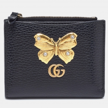 Pre Owned Gucci Black Leather GG Marmont Butterfly Bifold Zip Wallet