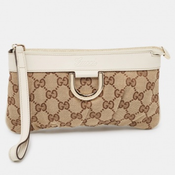 Pre Owned Gucci White/Beige GG Canvas and Leather Abbey D-Ring Wristlet Pouch