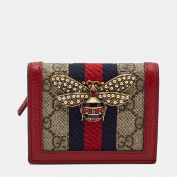 مملوكة مسبقًا Gucci Red/Beige GG Supreme Canvas and Leather Queen Margaret Card Case