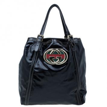 Pre Owned Gucci Black Patent Leather Large Brit Tote