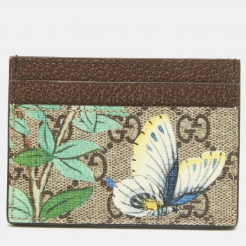 Pre Owned Gucci Brown GG Supreme Canvas and Leather Tian Card Holder 