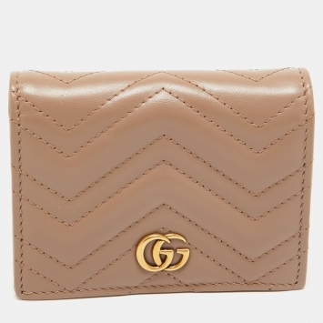 Pre Owned Gucci Beige Matelassé Leather GG Marmont Card Case