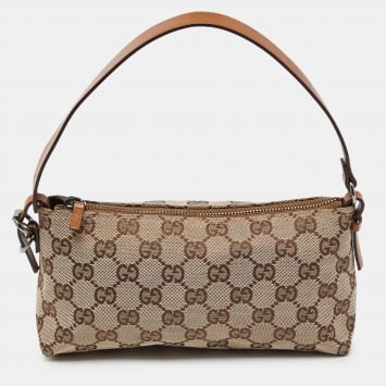 Pre Owned Gucci Beige/Brown GG Canvas and Leather Pochette 