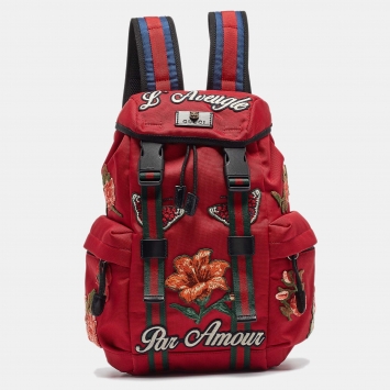 Pre Owned Gucci Red Techno Canvas L'Aveugle Par Amour Embroidered Double Buckle Backpack 