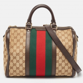 Pre Owned Gucci Brown/Beige GG Canvas and Leather Joy Web Boston Bag