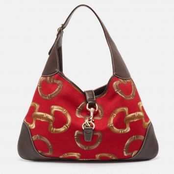 Pre Owned Gucci Red/Brown Horsebit Canvas and Leather Jackie O Bouvier Hobo