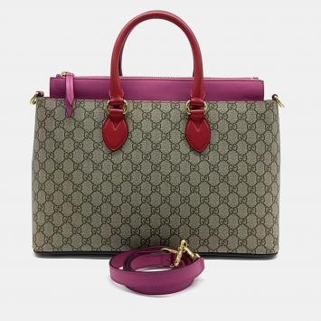 Pre Owned Gucci Beige/Dark Pink/Red GG Supreme Canvas Top Handle Bag