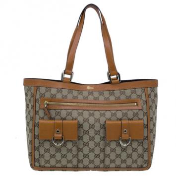Pre Owned Gucci Brown GG Canvas Leather Trim Tote