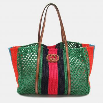 Pre Owned Gucci Green Others Woven Interlocking G Tote Bag