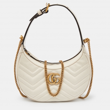 Pre Owned Gucci Cream Matelassé Leather Mini GG Marmont Halfmoon Hobo