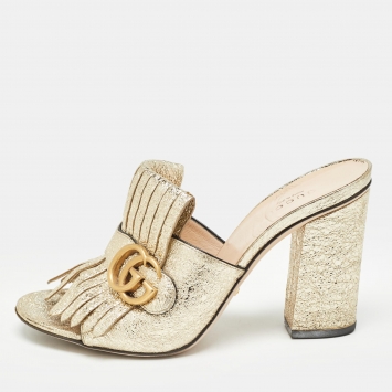 Pre Owned Gucci Gold Leather GG Marmont Slide  Sandals Size 39