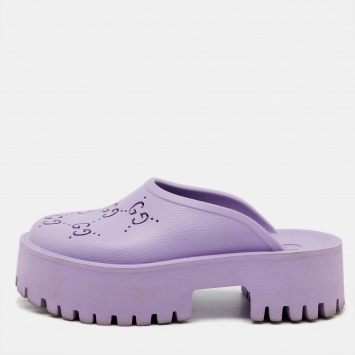 Pre Owned Gucci Purple Rubber GG Perforated Platform Mules Size 37