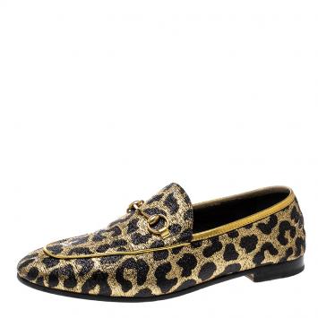 Pre Owned Gucci Gold/Black Leopard Print Lurex Fabric Horsebit Jordaan Loafers Size 39