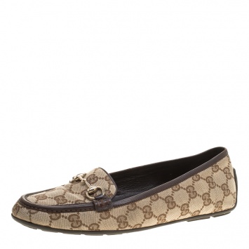 Pre Owned Gucci Beige GG Canvas Horsebit Loafers Size 37.5