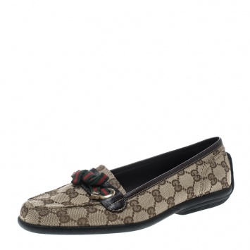 Pre Owned Gucci Beige/Brown GG Canvas and Leather Web Bow Detail Loafers Size 38